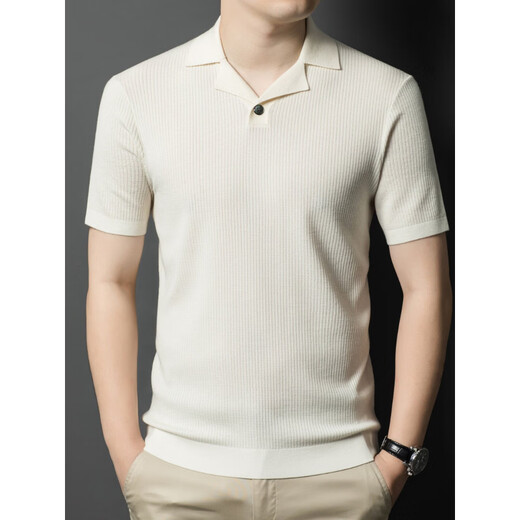 丨Lilang丨 Machine washable 100 count medium thick high density worsted short-sleeved cardigan men's lapel half-sleeved sweater medium gray blue M 165