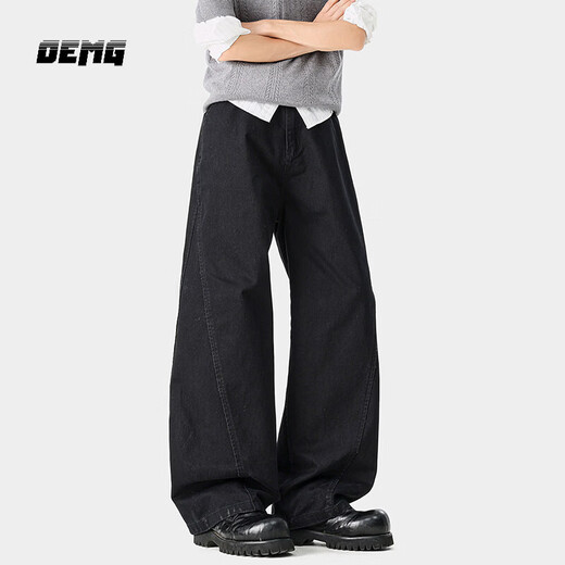 OEMG retro washed faded splicing casual pants for men in spring and summer loose and versatile drape pure cotton trendy long pants black XL recommended 125-145 Jin Jin equals 0.5 kg