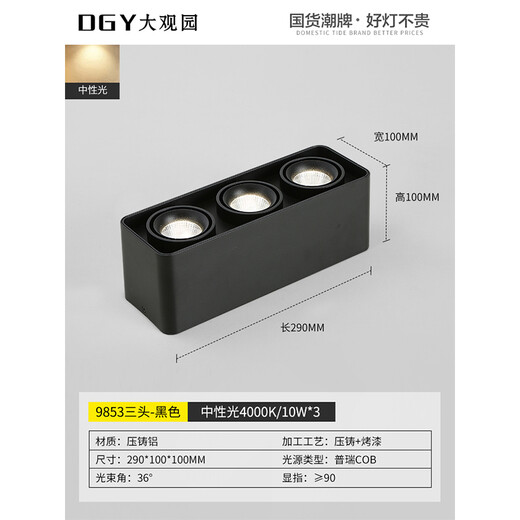 Daguanyuan (DGY) Oberflächenmontiertes Downlight Smart Master Schlafzimmer ohne Master Lampe Fettlampe Anti-Blend-LED-Kühlergrill Lampe Zhongshan Lampe 429o 9853-Drei Köpfe-Schwarz-Prui 30W-neutrales Licht