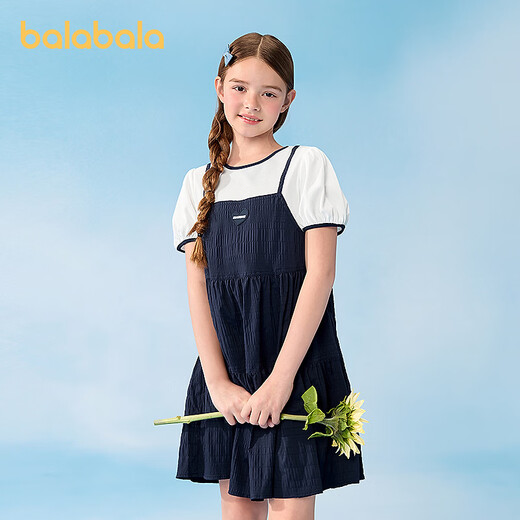 BALABALA balaOne BALABALA girls skirt children's dress 2026 summer new style fake two-piece light blue and white tone 00481 120