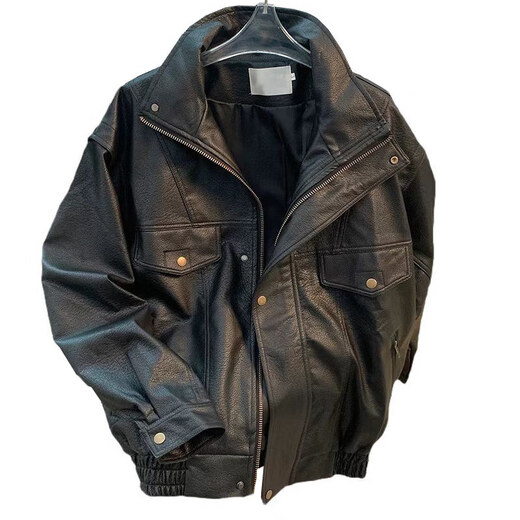 Xiaohongshu Maillard retro leather jacket men's spring and autumn style stand collar pu leather jacket loose trendy brand black M