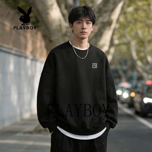 Playboy American Heavyweight Velvet Thickened Round Neck Sweater Men's 2026 Spring Loose Casual Bottoming Shirt Top Black S 95-120Jin Jin is equal to 0.5 kg