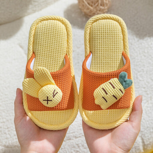 Cartoon rabbit children's linen slippers summer home for women and men home indoor spring silent cotton and linen slippers for children orange 36-37 suitable for 35-36 feet