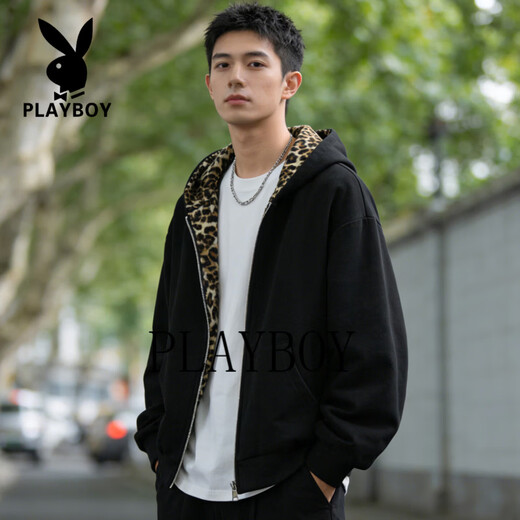 Playboy Leopard Print Hooded Sweatshirt Men's American Retro Loose Velvet Warm Cardigan Jacket Men's 2026 Spring and Autumn Style Light Gray M 90-115Jin Jin equals 0.5 kg