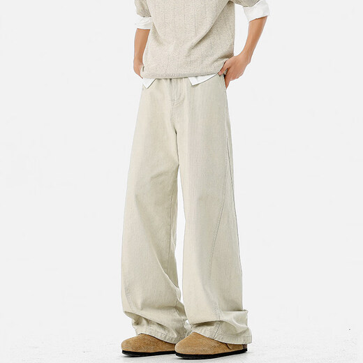 OEMG retro washed faded splicing casual pants for men in spring and summer loose and versatile drape pure cotton trendy long pants black XL recommended 125-145 Jin Jin equals 0.5 kg