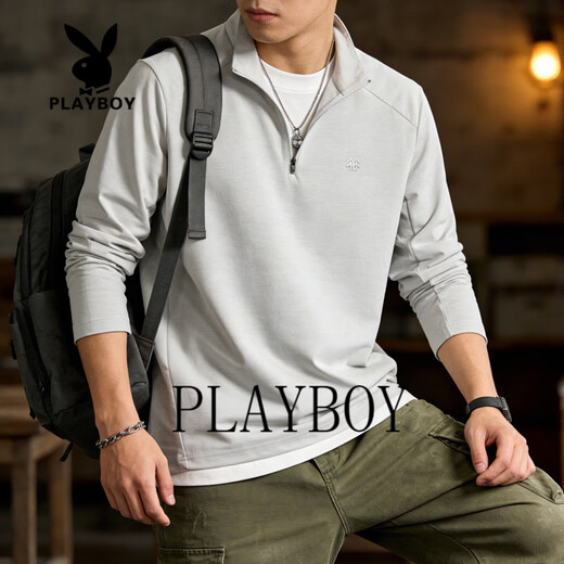 Playboy Half-Zip Stand Collar Sweater Men's 2026 Spring Business Casual Loose Bottoming Shirt Top Jacket Light Gray M 100-120Jin Jin equals 0.5 kg