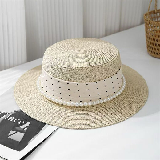 恒源祥法式平顶防晒草帽女2026新款夏季时尚平顶法式气质优雅赫本风礼帽 H赫本风礼帽珍珠波点-米色 可调节【54-58cm】