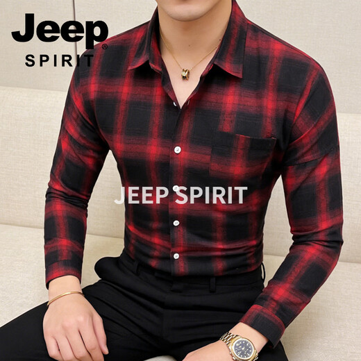 JEEP SPIRIT吉普格子衬衫男长袖修身衬衣男士商务休闲免烫上衣2026春季款休闲 黑色 2XL 120-135 斤