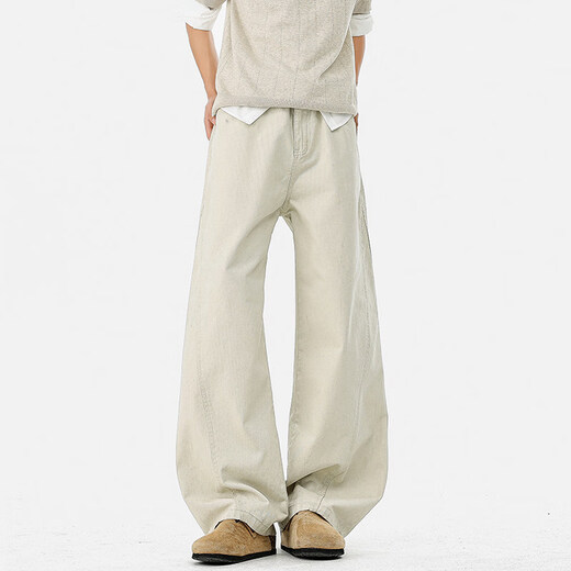 OEMG retro washed faded splicing casual pants for men in spring and summer loose and versatile drape pure cotton trendy long pants black XL recommended 125-145 Jin Jin equals 0.5 kg