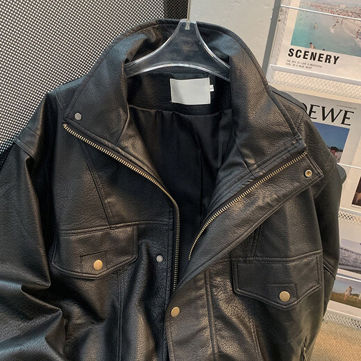 Xiaohongshu Maillard retro leather jacket men's spring and autumn style stand collar pu leather jacket loose trendy brand black M