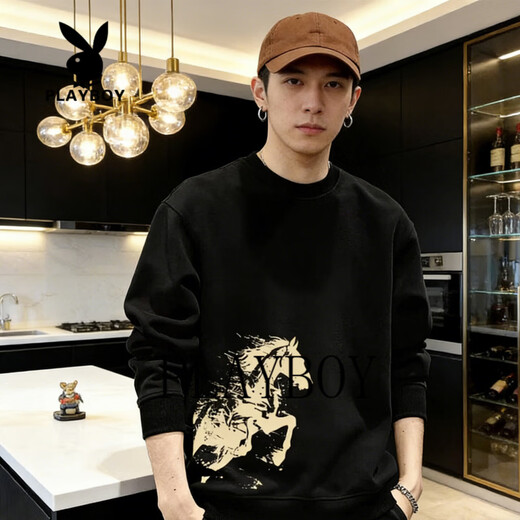 Playboy (PLAYBOY) American Heavyweight Round Neck Sweatshirt Men's 2026 Spring and Autumn Loose Retro Distressed Printed Casual Bottoming Shirt Pullover Burgundy M 90-100Jin Jin is equal to 0.5 kg