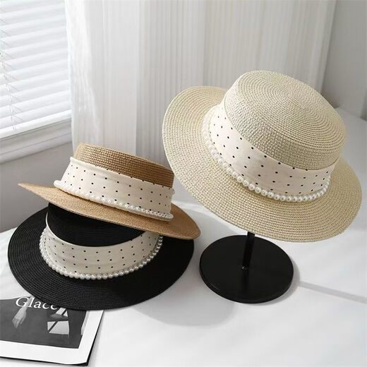 恒源祥法式平顶防晒草帽女2026新款夏季时尚平顶法式气质优雅赫本风礼帽 H赫本风礼帽珍珠波点-米色 可调节【54-58cm】