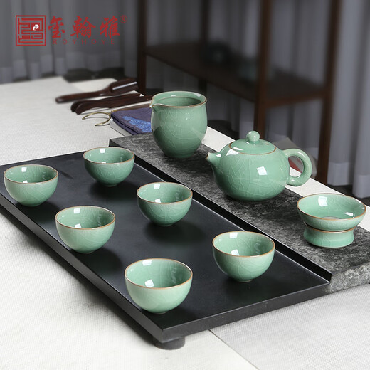 ROYHOYE Longquan Celadon High-end Ge Kiln Ice Crack Kung Fu Tea Set Ceramic Teapot Home Tea Maker Tea Cup Gift Jade Xishi 10-head Tea Set