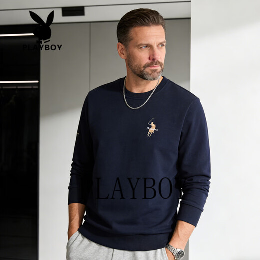 Playboy (PLAYBOY) men's sweatshirt spring and autumn pure cotton round neck pullover fashionable casual loose long-sleeved T-shirt large size dark green 2XL 130-150Jin Jin equals 0.5 kg