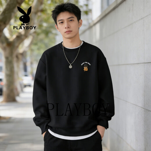Playboy-Pullover Herren 2026 Frühjahr Neues trendiges lockeres Rundhals-Oberteil Männlicher Student All-Match-Casual-Bottom-Shirt Schwarz S 95-120Jin Jin entspricht 0,5 kg