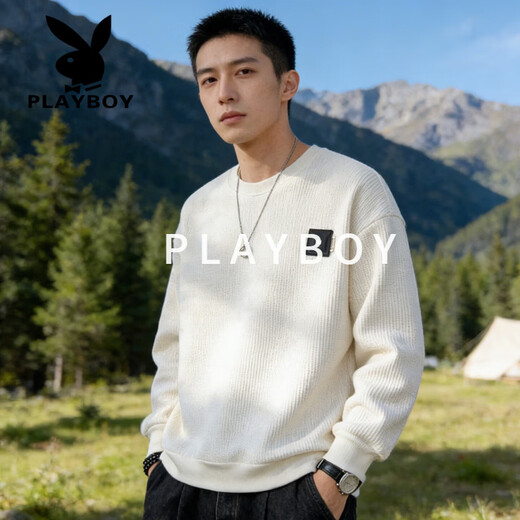 Playboy (PLAYBOY) American retro waffle sweatshirt for men 2026 spring new loose round neck pullover trendy casual long sleeve black L 125-145