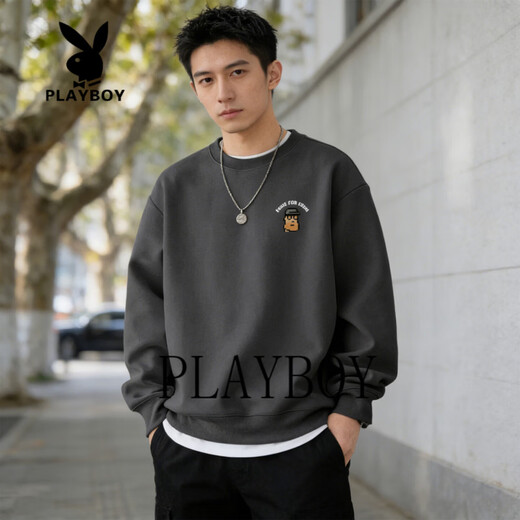 Playboy-Pullover Herren 2026 Frühjahr Neues trendiges lockeres Rundhals-Oberteil Männlicher Student All-Match-Casual-Bottom-Shirt Schwarz S 95-120Jin Jin entspricht 0,5 kg