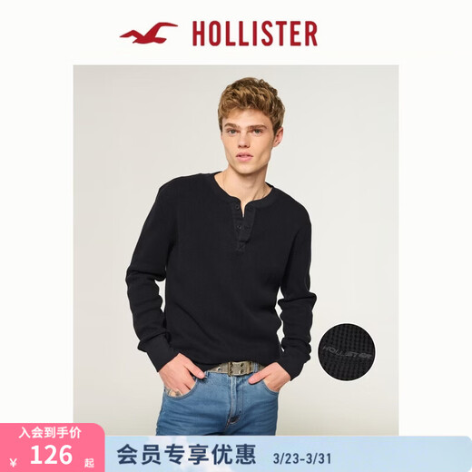 HOLLISTER waffle classic LOGO Henry collar casual long-sleeved T-shirt 26 spring and summer men's 324-6556 black L (180/108A)
