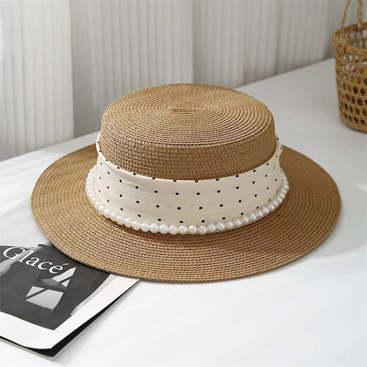 恒源祥法式平顶防晒草帽女2026新款夏季时尚平顶法式气质优雅赫本风礼帽 H赫本风礼帽珍珠波点-米色 可调节【54-58cm】