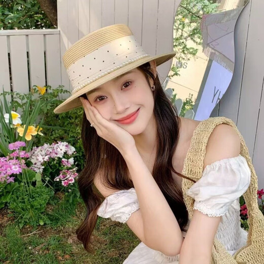 恒源祥法式平顶防晒草帽女2026新款夏季时尚平顶法式气质优雅赫本风礼帽 H赫本风礼帽珍珠波点-米色 可调节【54-58cm】