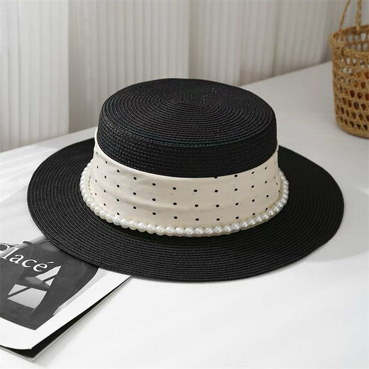 恒源祥法式平顶防晒草帽女2026新款夏季时尚平顶法式气质优雅赫本风礼帽 H赫本风礼帽珍珠波点-米色 可调节【54-58cm】