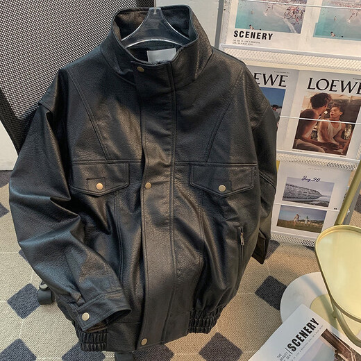 Xiaohongshu Maillard retro leather jacket men's spring and autumn style stand collar pu leather jacket loose trendy brand black M