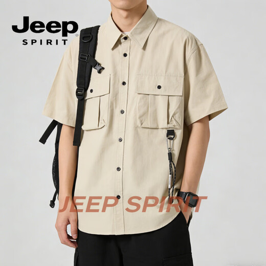 JEEP SPIRIT工装衬衫男2026夏季宽松日系美式复古短袖衬衣潮流休闲半袖上 卡其 M (90-120斤)