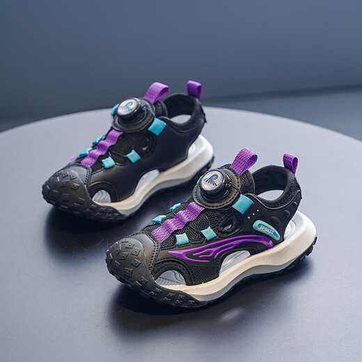 Boys' Baotou Sandals 2025 Summer New Soft Sole Anti-Slip Children's Beach Shoes Versatile and Handsome Student Sandals 633/Black Purple Size 32 Standard Size
