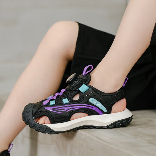 Boys' Baotou Sandals 2025 Summer New Soft Sole Anti-Slip Children's Beach Shoes Versatile and Handsome Student Sandals 633/Black Purple Size 32 Standard Size