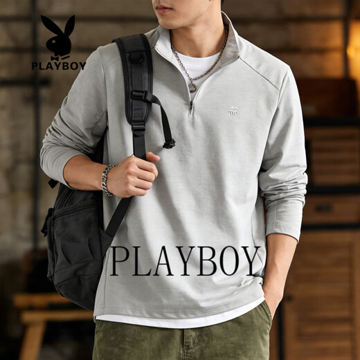 Playboy Half-Zip Stand Collar Sweater Men's 2026 Spring Business Casual Loose Bottoming Shirt Top Jacket Light Gray M 100-120Jin Jin equals 0.5 kg