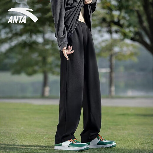 ANTA sweatpants men's autumn and winter new straight plus velvet loose long sweatpants youth pure cotton men's casual pants men's style A black regular straight - embroidered logo - zipper pocket L /175 (120-140Jin Jin equals 0.5 kg) shipped within 24 hours