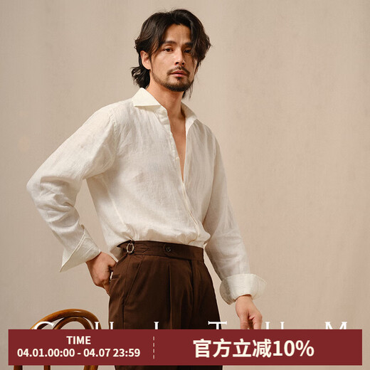 CULTUM 100% linen shirt thin windsor collar breathable long-sleeved shirt men's solid color business casual retro all-match shirt ivory white XL