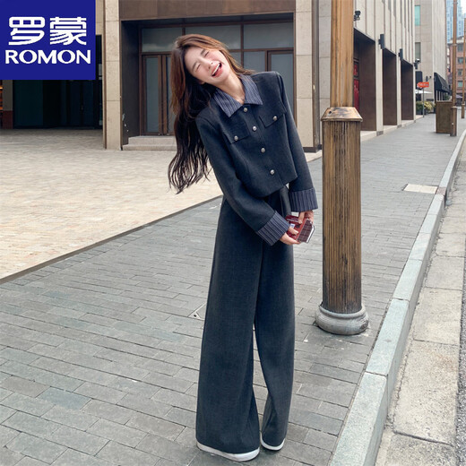ROMON Marke Koreanischer grauer Anzug Damen Herbst beliebter salziger und rostiger zweiteiliger Anzug blaugraue Version XS (empfohlen 95Jin Jin entspricht innerhalb von 0,5 kg)