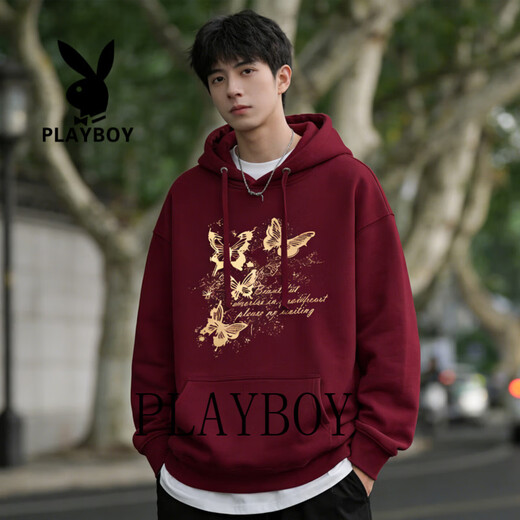 Playboy Sweatshirt Men's 2026 Spring Trendy and Handsome Hooded Jacket for Male Students Casual Versatile Top Clothes Men's Red S