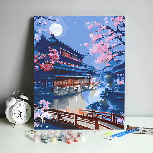厂家批发数字油画di手工填色风景油彩画郁金香花卉填色装饰画 679阁楼 30*40厚内框画笔颜料【塑封】