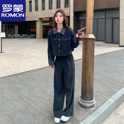 ROMON Marke Koreanischer grauer Anzug Damen Herbst beliebter salziger und rostiger zweiteiliger Anzug blaugraue Version XS (empfohlen 95Jin Jin entspricht innerhalb von 0,5 kg)
