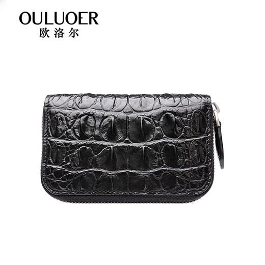 OULUOER crocodile leather key bag men's large capacity genuine leather truck bag car keychain multi-function zipper key bag black belly