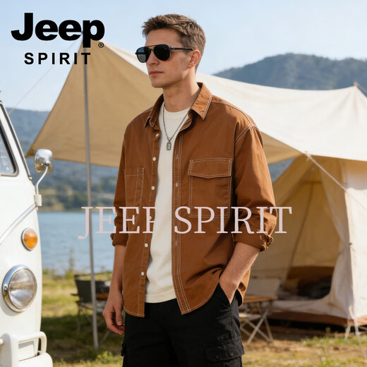 JEEP SPIRIT2026 brushed work shirt men's loose long-sleeved shirt autumn and winter plus velvet casual style large size youth top brown 3XL 180-200 (Jin Jin equals 0.5 kg)