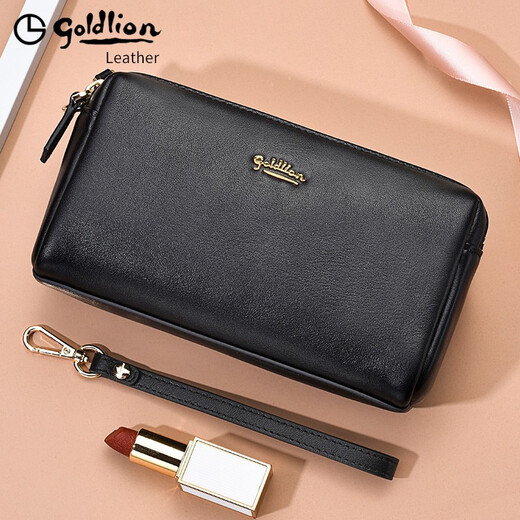 Goldlion clutch bag for women double zipper genuine leather light luxury women's bag large capacity 2025 new clutch bag first layer cowhide gift box temperament style FA512016-111