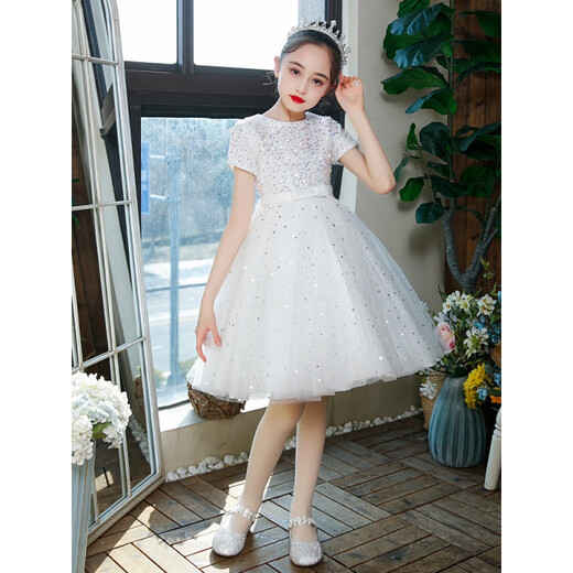 创京懿选礼服公主裙幼儿园毕业演出服女童钢琴花童婚纱主持人蓬蓬纱裙 9922【白色】+【裙撑】 140