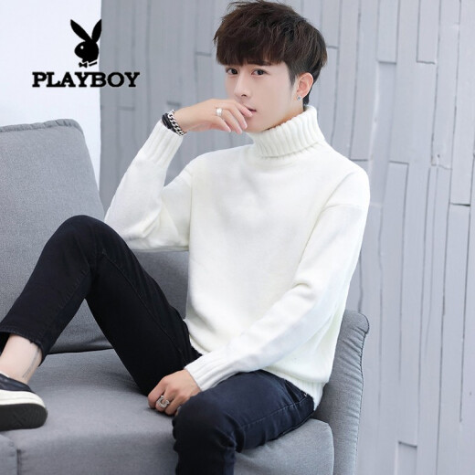 Playboy Turtleneck Sweater Men's Autumn and Winter New Knitwear Men's Pullover Student Bottoming Shirt Trendy Sweater Korean Slim Solid Color Jacket Men's White XL
