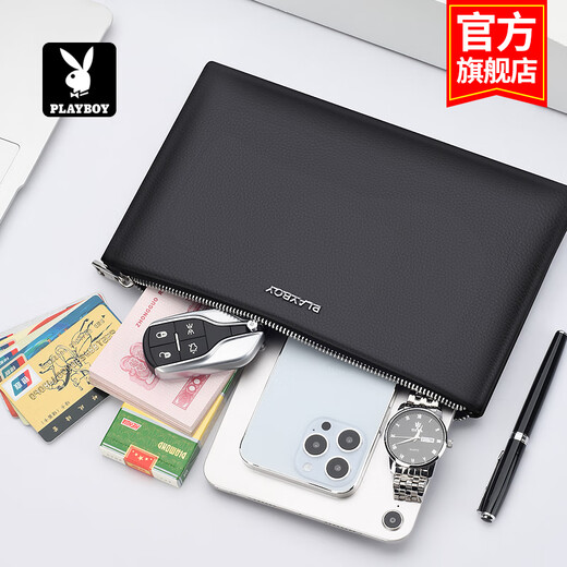 Playboy men's handbag first layer cowhide clutch bag men's bag business large capacity envelope bag clip bag casual bag black