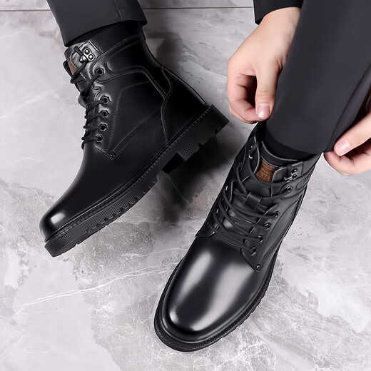 
KACHILANG Martin Boots Men's Genuine Leather Wool Warm Cotton Boots High Top Cowhide Working Equipment Battle Army Hook Snow Boots Winter 3518 Black 40