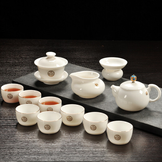 Greek-style mutton-fat jade porcelain Kung Fu tea set for home use Tangyue kiln Dehua white jade porcelain tea set office cover bowl tea cup small tea tray set jade tea table dry infusion tray gift box Horseshoe jade porcelain 7 pieces (gift box)