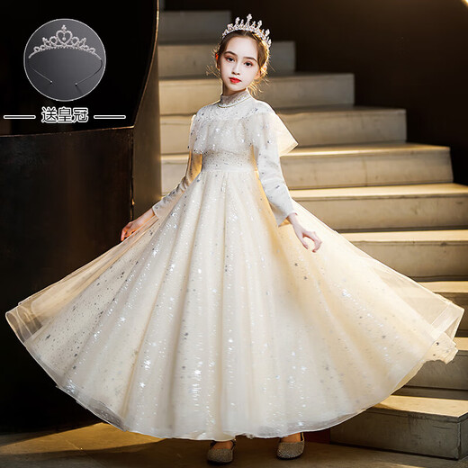 G.duck girls high-end light luxury niche dress autumn and winter children host piano playing birthday flower girl wedding dress princess dress 5935 champagne follow with crown 140 cm