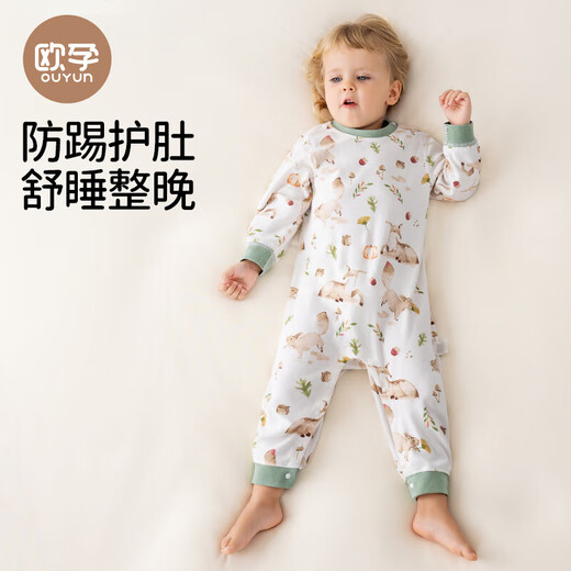 OUYUN baby pure cotton sleeping bag, baby pajamas, spring and autumn boys and girls jumpsuits, children's anti-kick quilt, home clothes, suitable for all seasons, warm yellow stripes (selected Xinjiang cotton) 80 cm recommended height 80cm-90cm