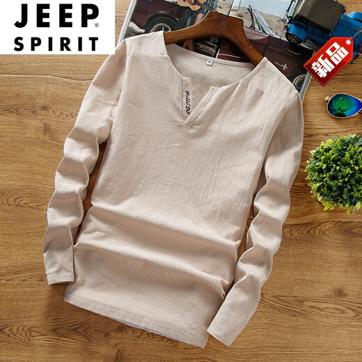 JEEP SPIRIT中国风T恤男长袖V领大尺码胖子复古上衣亚麻打底衫棉麻料春秋衣男 【字母】黑色 XL 一般体重130到145斤