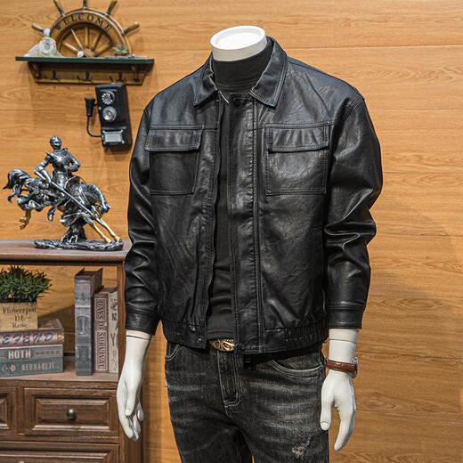 JAGR trendy brand leather jacket men's motorcycle casual top light business men's wear trendy men's leather jacket black L