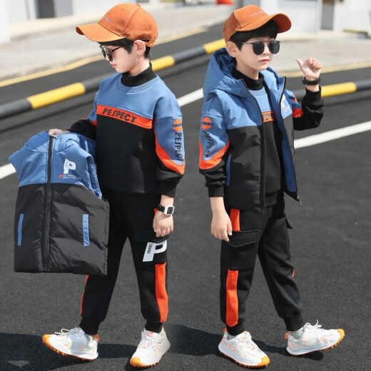 Nojia Weiqi Boys' Suit Autumn and Winter New Medium and Large Children's Velvet Thickened Vest Sweater Pants Boys' Style Three-piece Suit Blue 160 Size Recommended Height 150cm