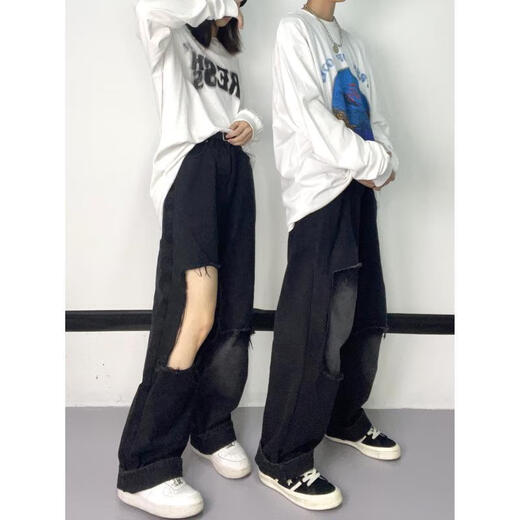 秋千坠牛仔裤女春秋新款时尚百搭高街美式欧美嘻哈宽松直筒学生破洞 1047 均码 s